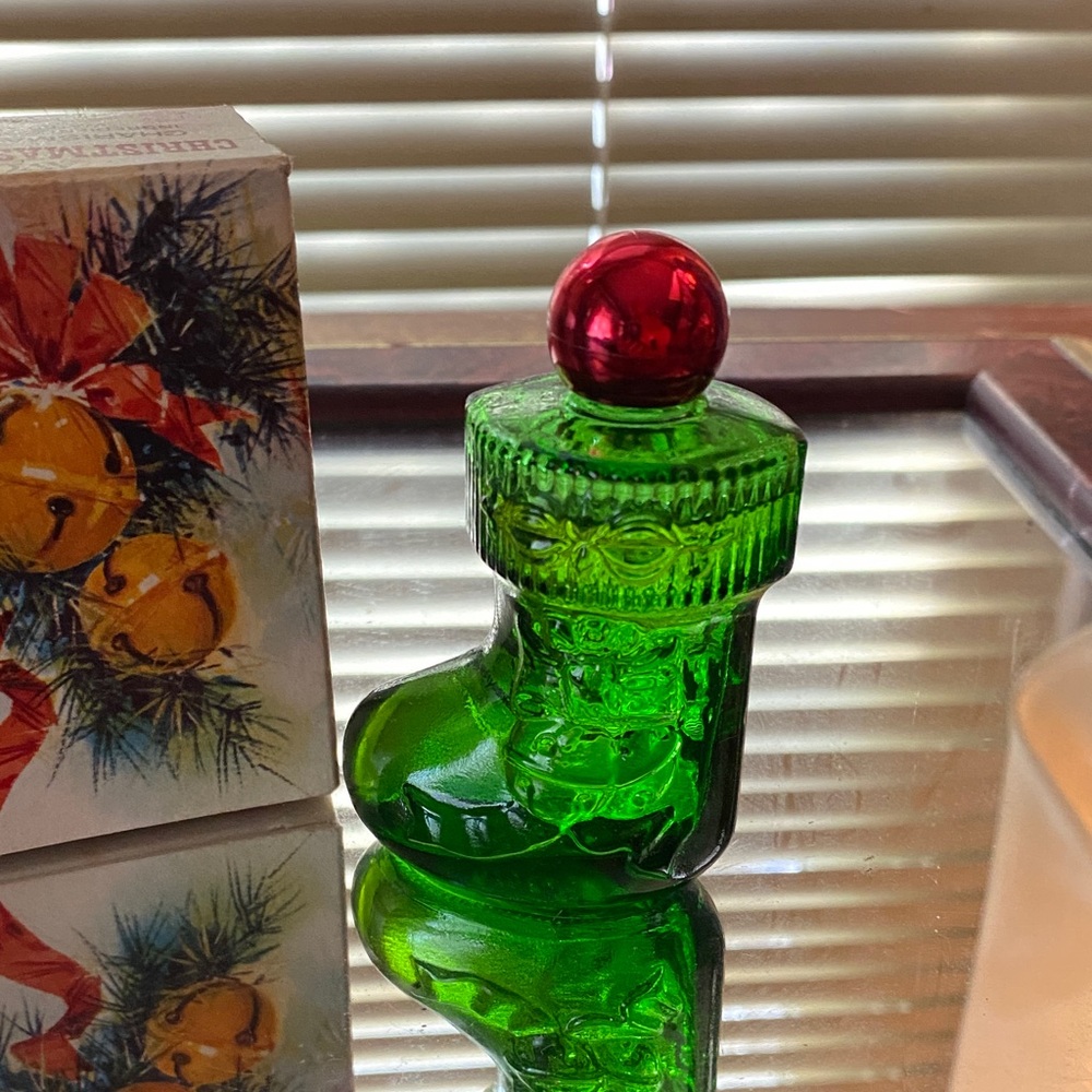 Avon Green Glass Stocking with Red Top - Picture 3 of 5